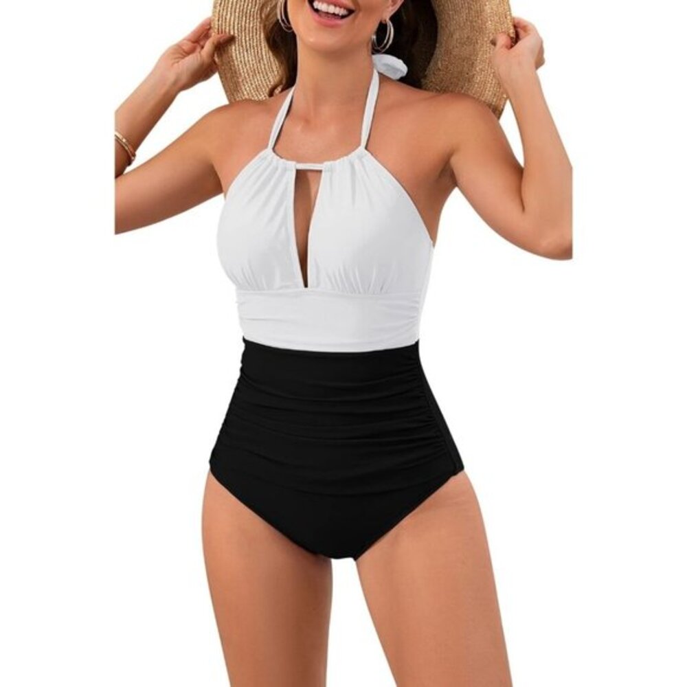 Slimming Swimsuit Tummy Control Black/White Halter Size Large NWT #2117